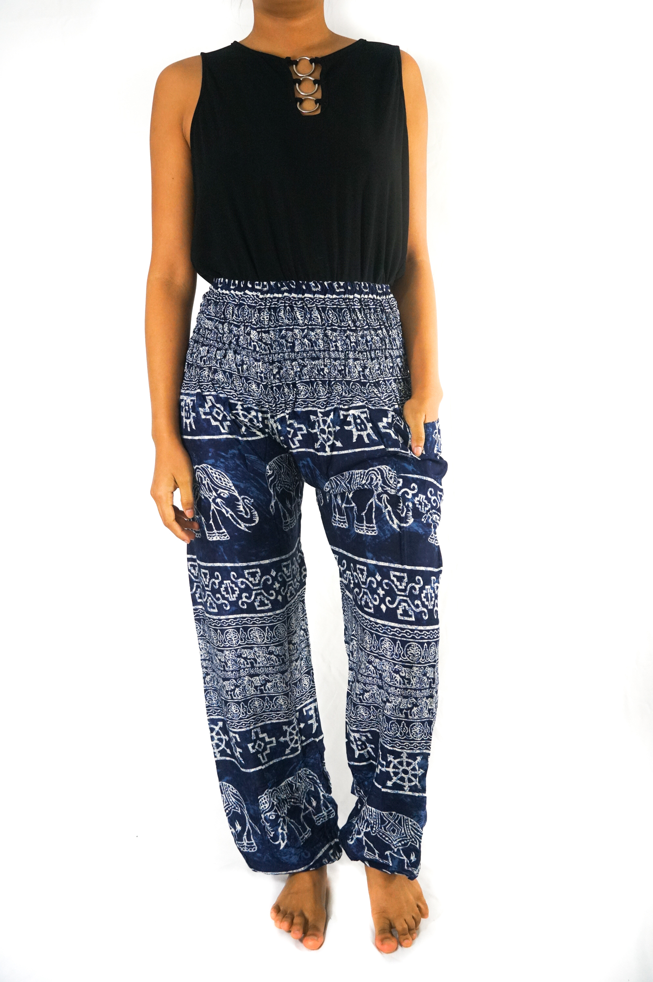 Blue Elephant Boho Pants for women, featuring a vibrant pattern, elastic waist, and ankle design, made from lightweight 100% rayon fabric.