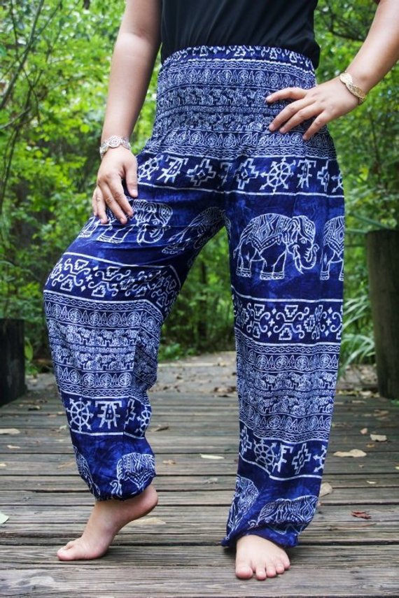 Blue Elephant Boho Pants for women, featuring a vibrant pattern, elastic waist, and ankle design, made from lightweight 100% rayon fabric.