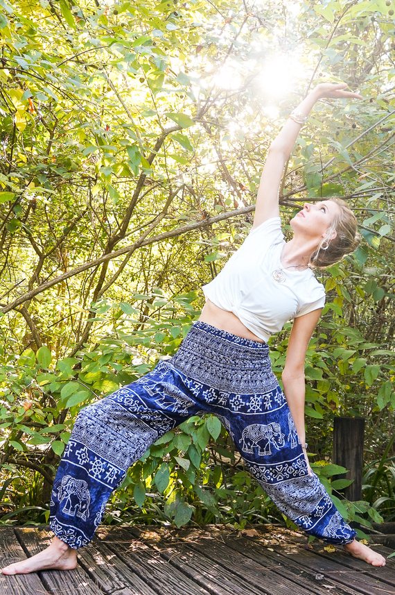 Blue Elephant Boho Pants for women, featuring a vibrant pattern, elastic waist, and ankle design, made from lightweight 100% rayon fabric.