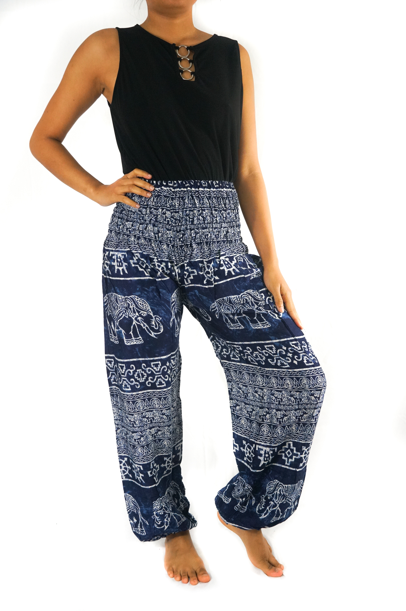 Blue Elephant Boho Pants for women, featuring a vibrant pattern, elastic waist, and ankle design, made from lightweight 100% rayon fabric.