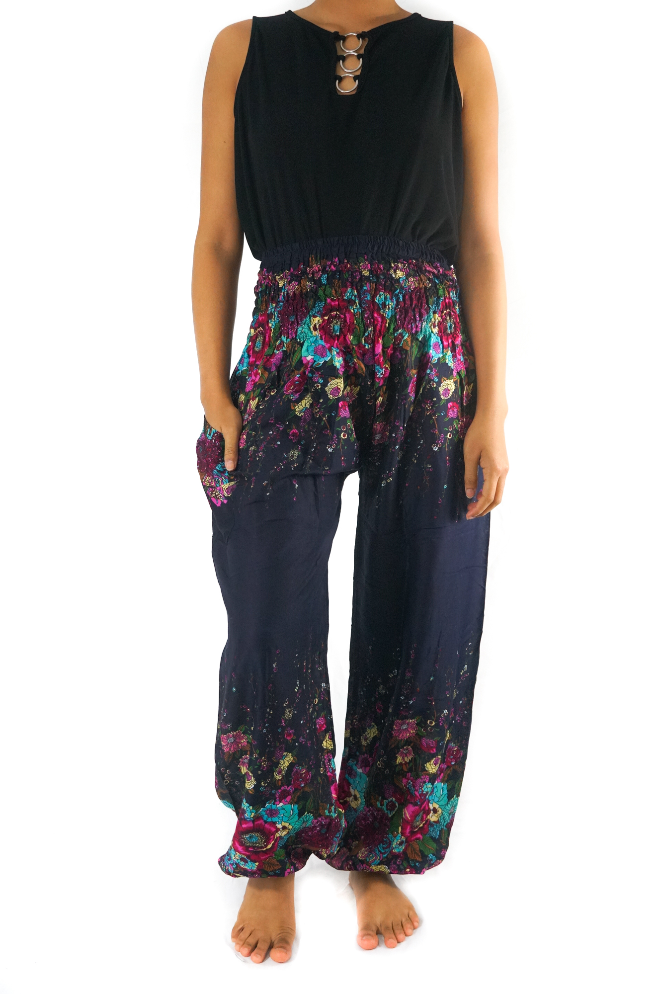 Blue floral women harem pants made of 100% rayon, featuring an elastic waist and ankle, one side pocket, and a loose, comfortable fit.