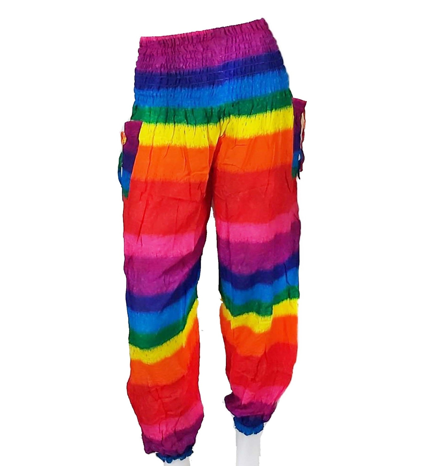 Bohotusk African Rainbow Stripe Elasticated Smocked Waist Women's Harem Pants showcasing vibrant colors and a comfortable fit.