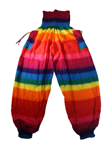 Bohotusk African Rainbow Stripe Elasticated Smocked Waist Women's Harem Pants showcasing vibrant colors and a comfortable fit.