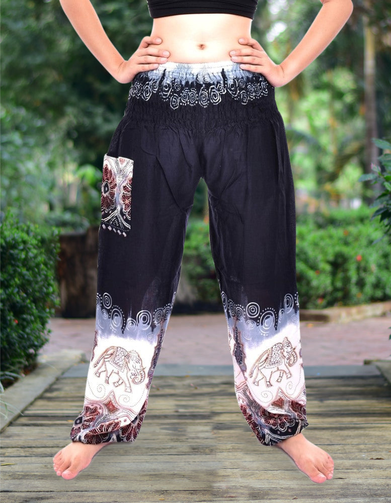 Bohotusk Black Elephant Boro Print Women's Trousers with elasticated smocked waist, showcasing vibrant colors and a stylish design.