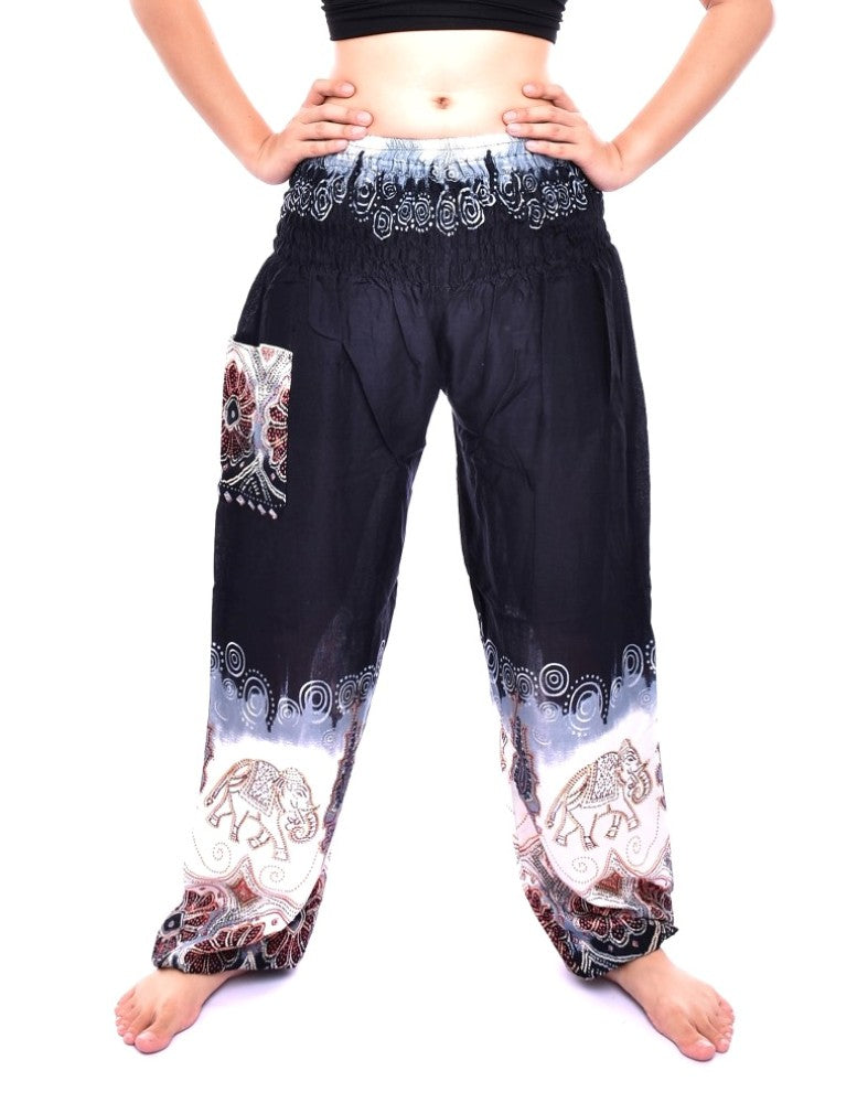 Bohotusk Black Elephant Boro Print Women's Trousers with elasticated smocked waist, showcasing vibrant colors and a stylish design.