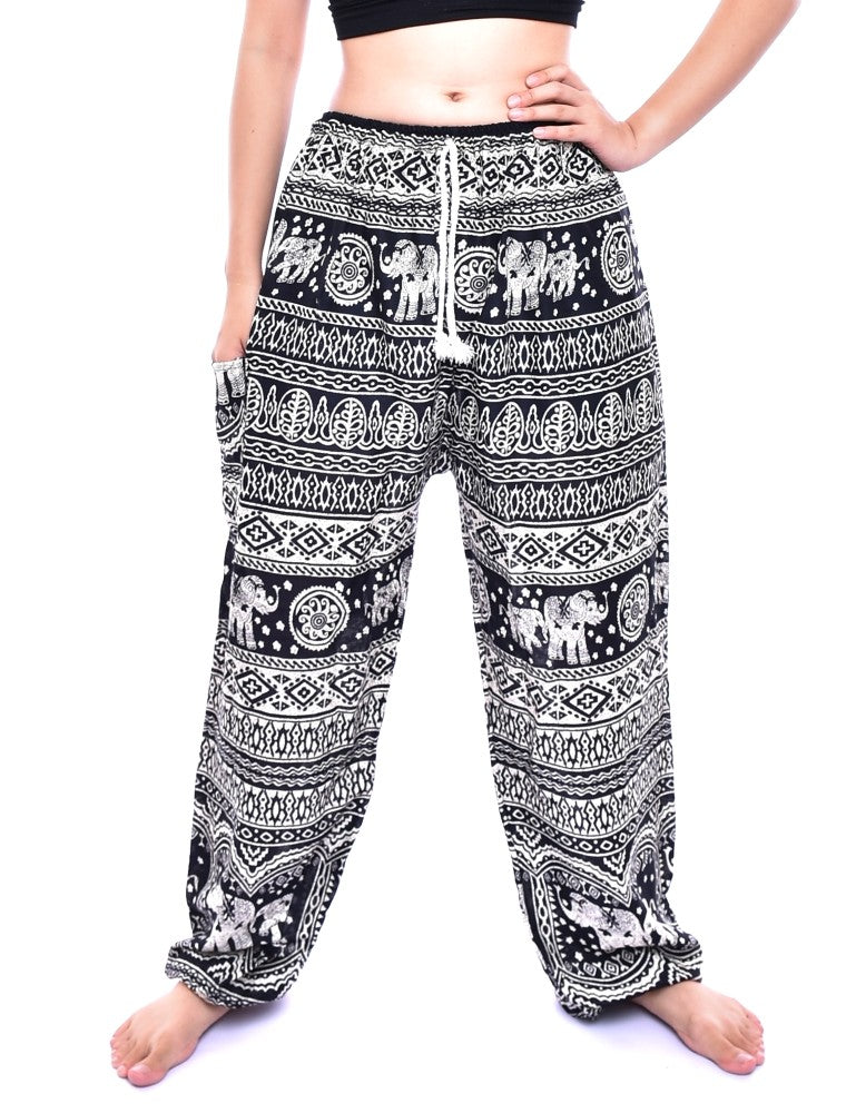 Bohotusk Black Elephant Calf Print Women's Harem Pants featuring a tie waist and elasticated ankles, perfect for casual and active wear.