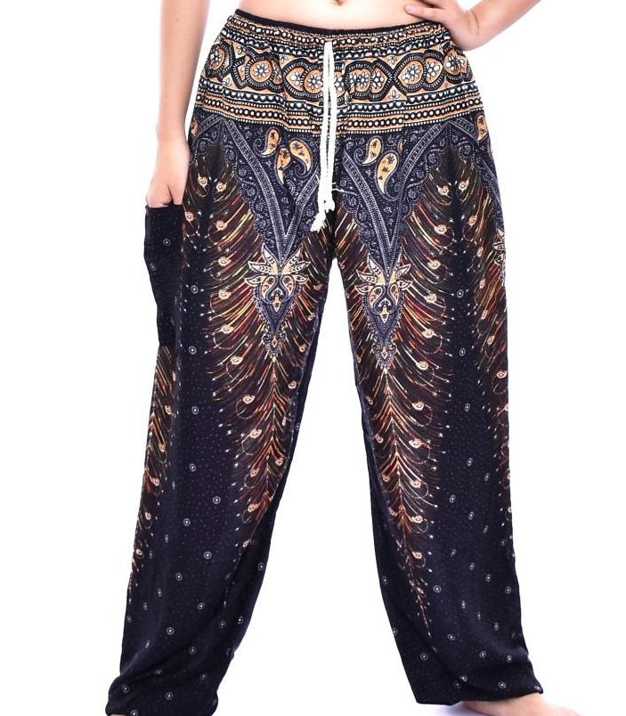 Bohotusk Black Gold Peacock Print Harem Pants for kids, showcasing vibrant colors and a comfortable design with an elasticated waist.