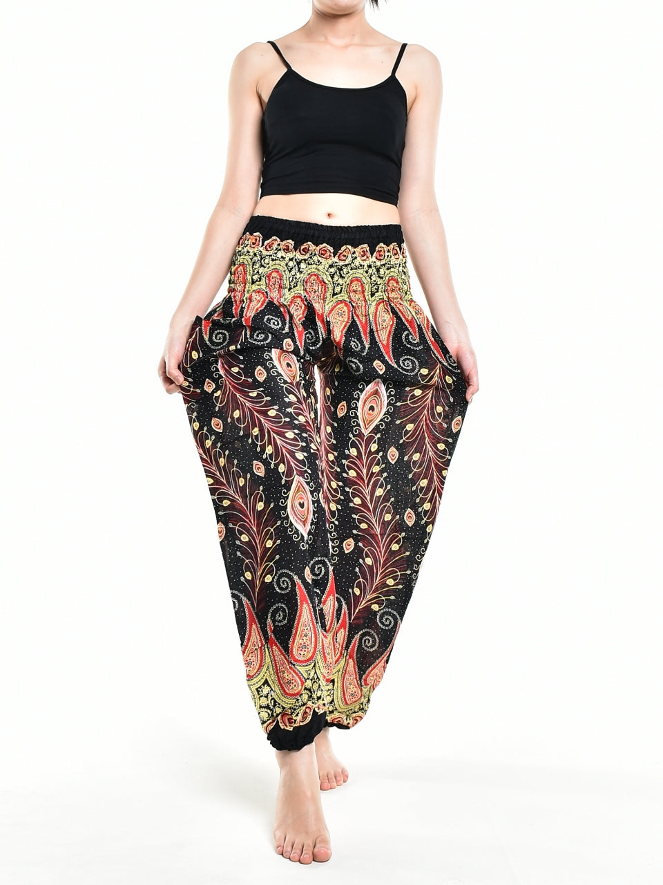 Bohotusk Black Peacocks Eye Women's Harem Pants featuring an elasticated smocked waist and lightweight fabric, perfect for comfort and style.