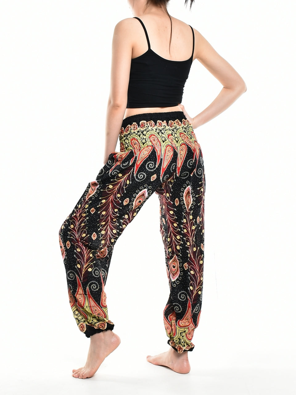 Bohotusk Black Peacocks Eye Women's Harem Pants featuring an elasticated smocked waist and lightweight fabric, perfect for comfort and style.