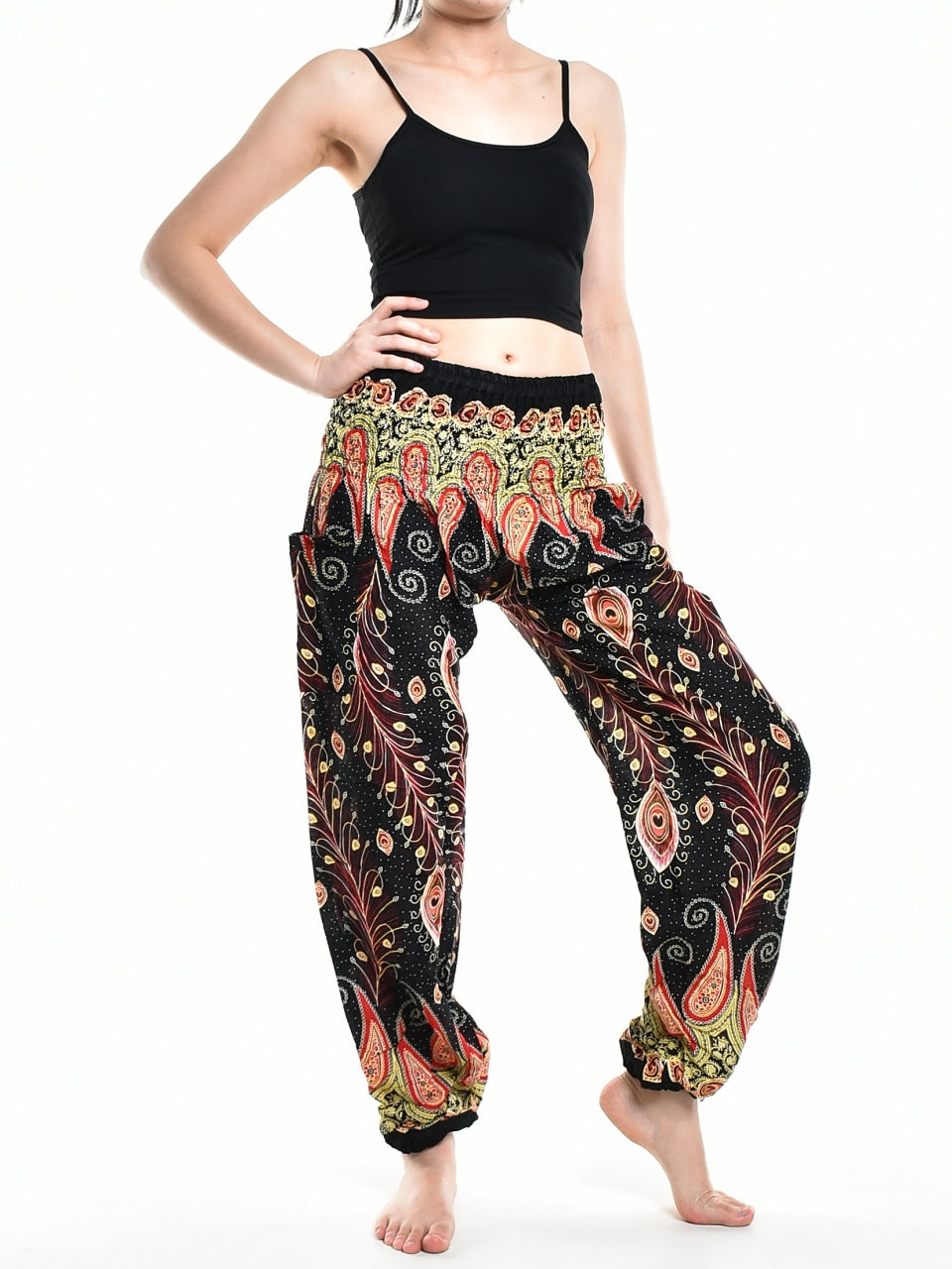 Bohotusk Black Peacocks Eye Women's Harem Pants featuring an elasticated smocked waist and lightweight fabric, perfect for comfort and style.