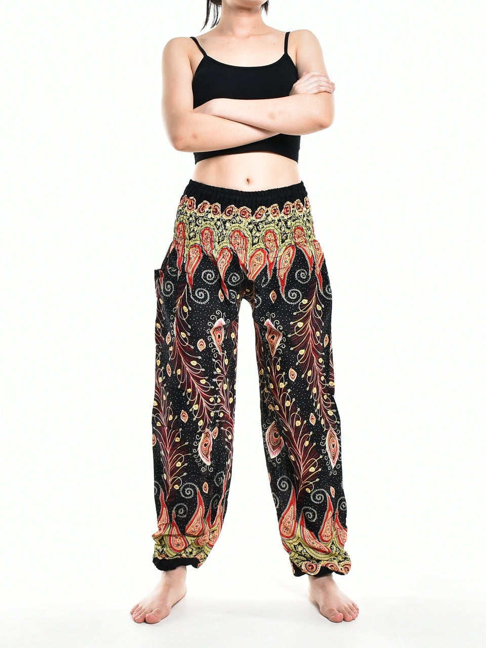 Bohotusk Black Peacocks Eye Women's Harem Pants featuring an elasticated smocked waist and lightweight fabric, perfect for comfort and style.