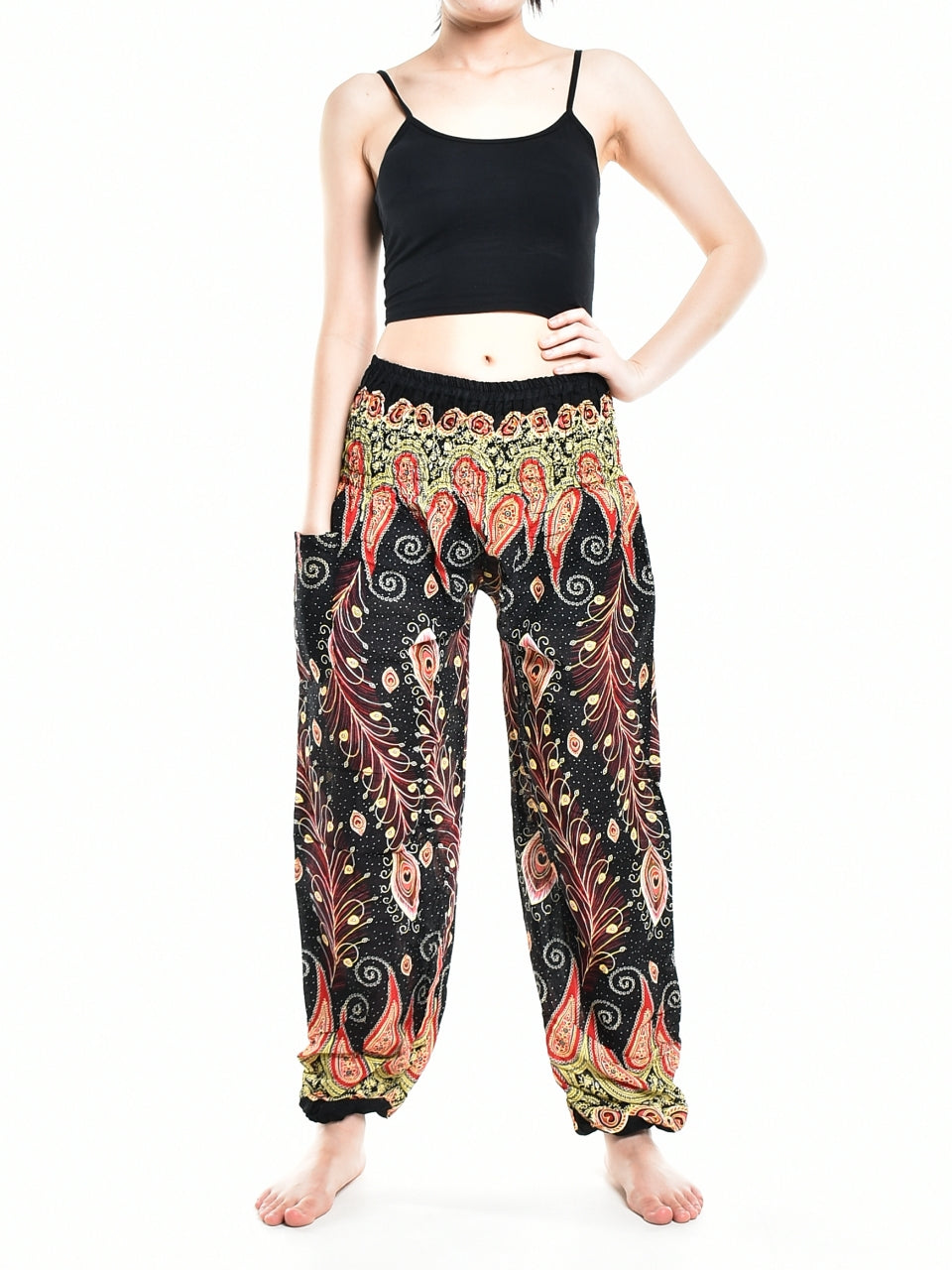 Bohotusk Black Peacocks Eye Women's Harem Pants featuring an elasticated smocked waist and lightweight fabric, perfect for comfort and style.