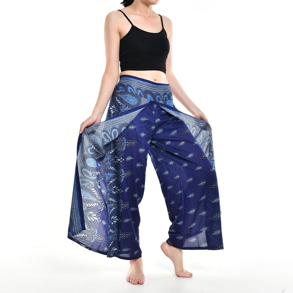 Bohotusk Blue Butterfly Print Women's Palazzo Pants, showcasing a vibrant butterfly design with a stylish wrap-around leg and elasticated waist.