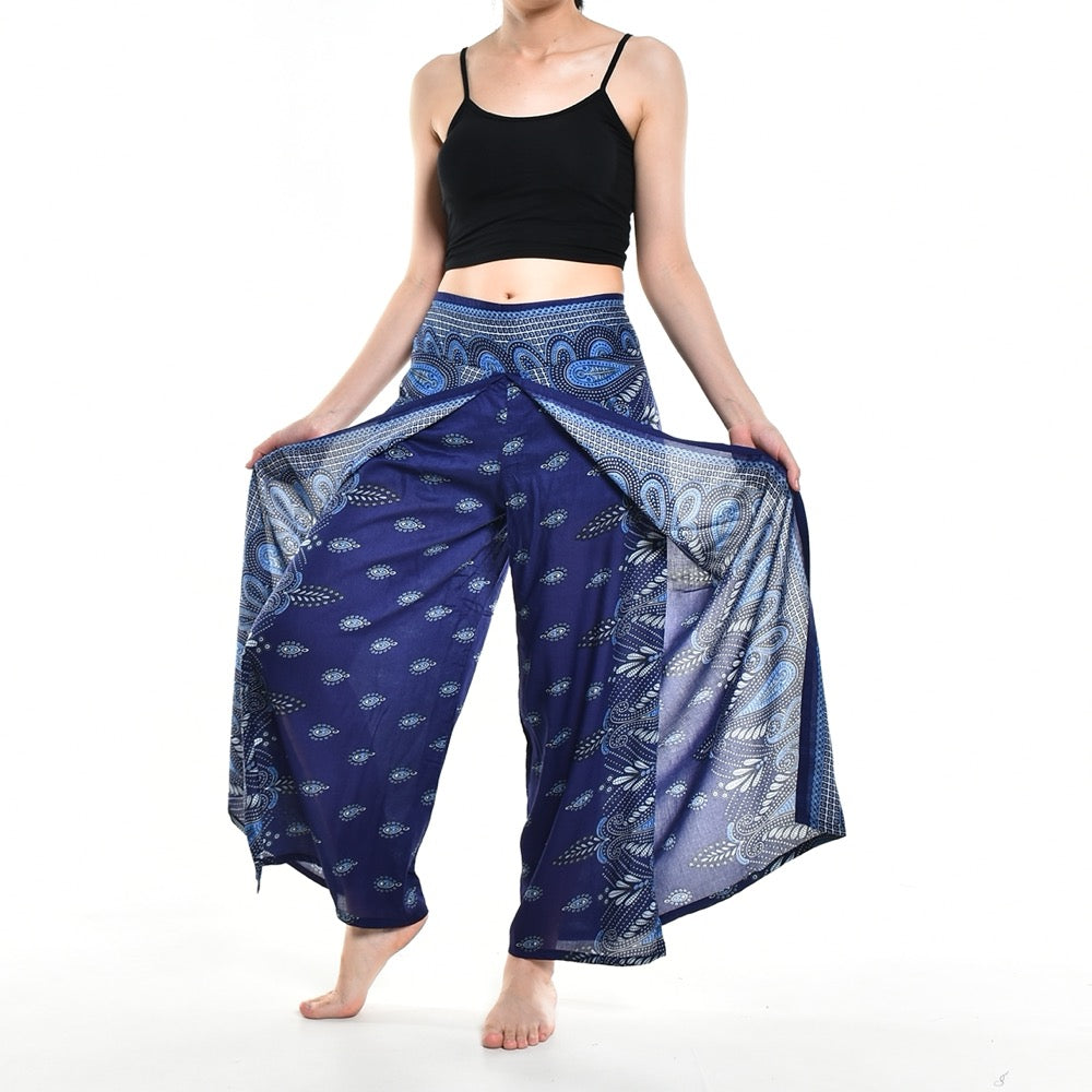 Bohotusk Blue Butterfly Print Women's Palazzo Pants, showcasing a vibrant butterfly design with a stylish wrap-around leg and elasticated waist.