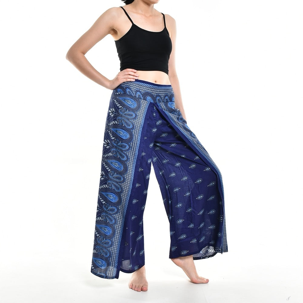 Bohotusk Blue Butterfly Print Women's Palazzo Pants, showcasing a vibrant butterfly design with a stylish wrap-around leg and elasticated waist.