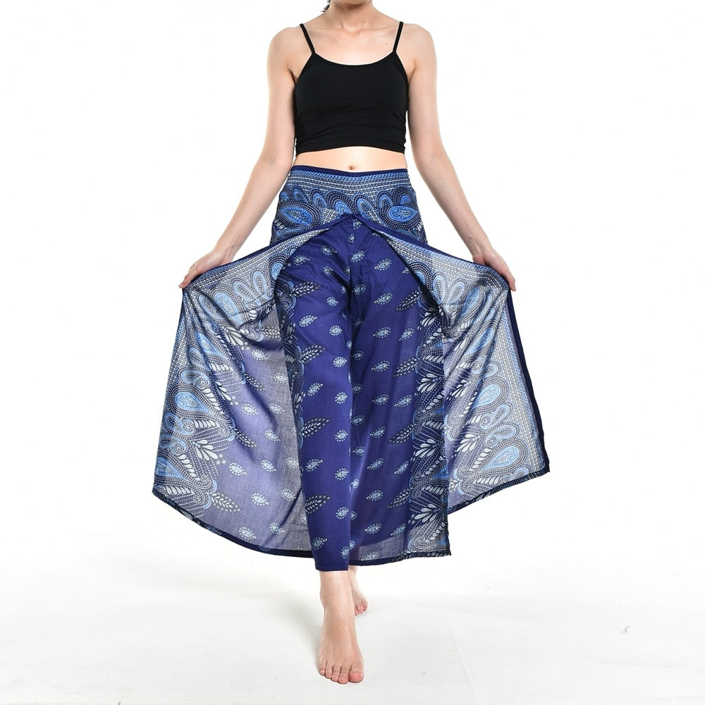 Bohotusk Blue Butterfly Print Women's Palazzo Pants, showcasing a vibrant butterfly design with a stylish wrap-around leg and elasticated waist.