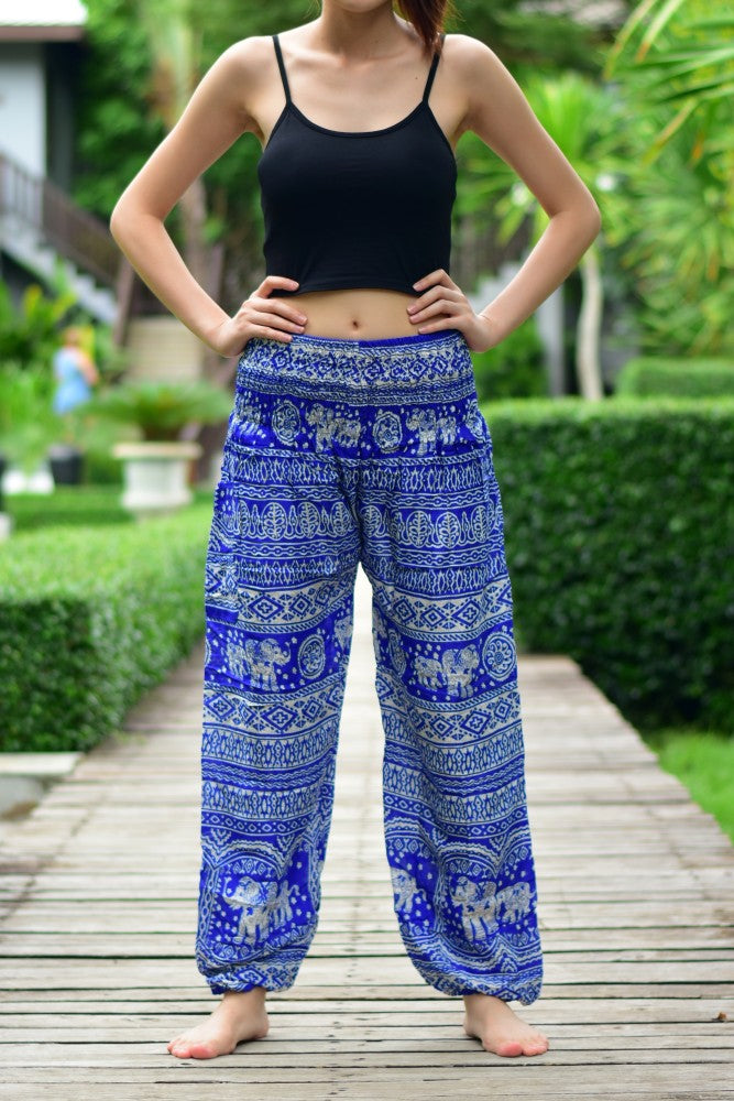 Bohotusk Blue Elephant Calf Print Women's Trousers with elasticated waist and vibrant design, perfect for maternity and casual wear.