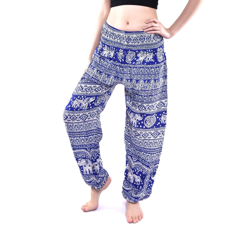 Bohotusk Blue Elephant Calf Print Women's Trousers with elasticated waist and vibrant design, perfect for maternity and casual wear.