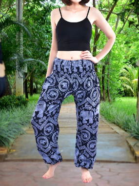 Bohotusk Blue Elephant Tusker Women's Harem Pants featuring an elasticated smocked waist, made from soft rayon, available in multiple colors.