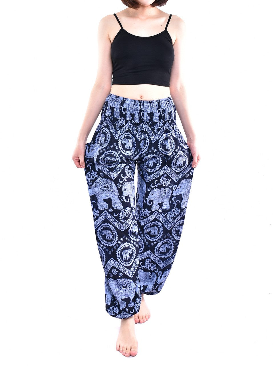 Bohotusk Blue Elephant Tusker Women's Harem Pants featuring an elasticated smocked waist, made from soft rayon, available in multiple colors.