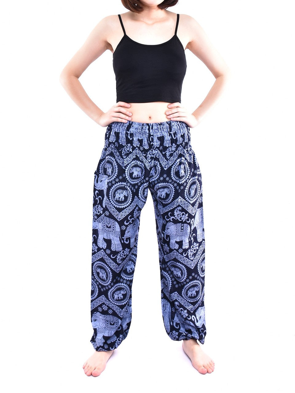 Bohotusk Blue Elephant Tusker Women's Harem Pants featuring an elasticated smocked waist, made from soft rayon, available in multiple colors.