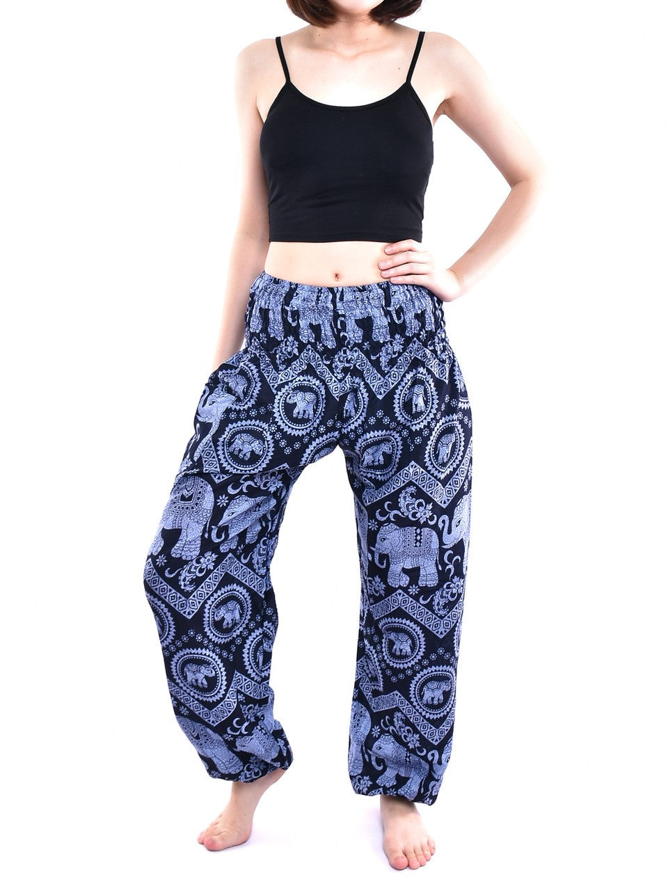 Bohotusk Blue Elephant Tusker Women's Harem Pants featuring an elasticated smocked waist, made from soft rayon, available in multiple colors.