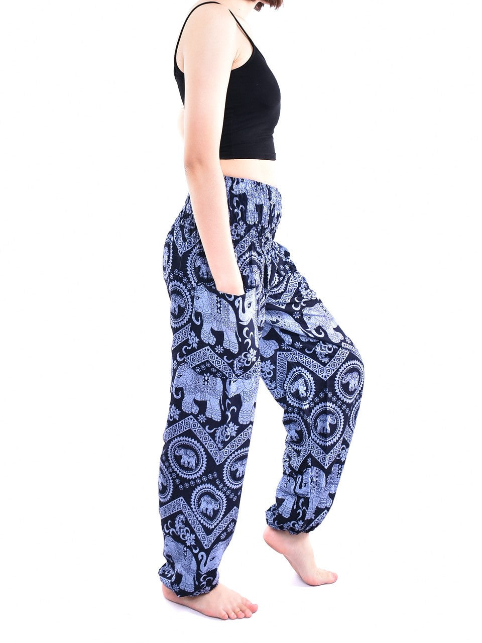 Bohotusk Blue Elephant Tusker Women's Harem Pants featuring an elasticated smocked waist, made from soft rayon, available in multiple colors.