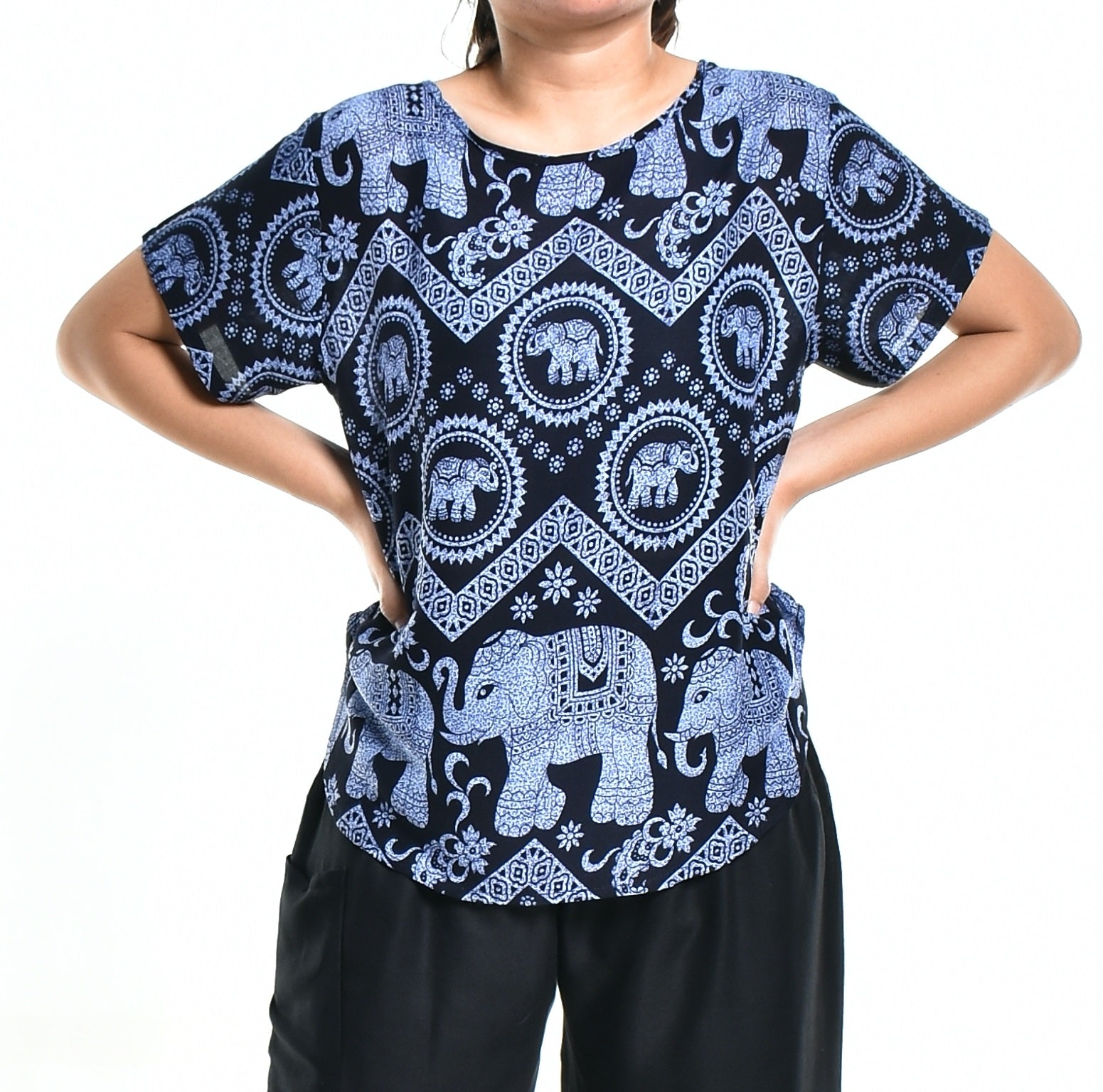 Bohotusk Blue Elephant Tusker Short Sleeved Top showcasing vibrant blue color and unique elephant design, made from soft Royal Thai Rayon.