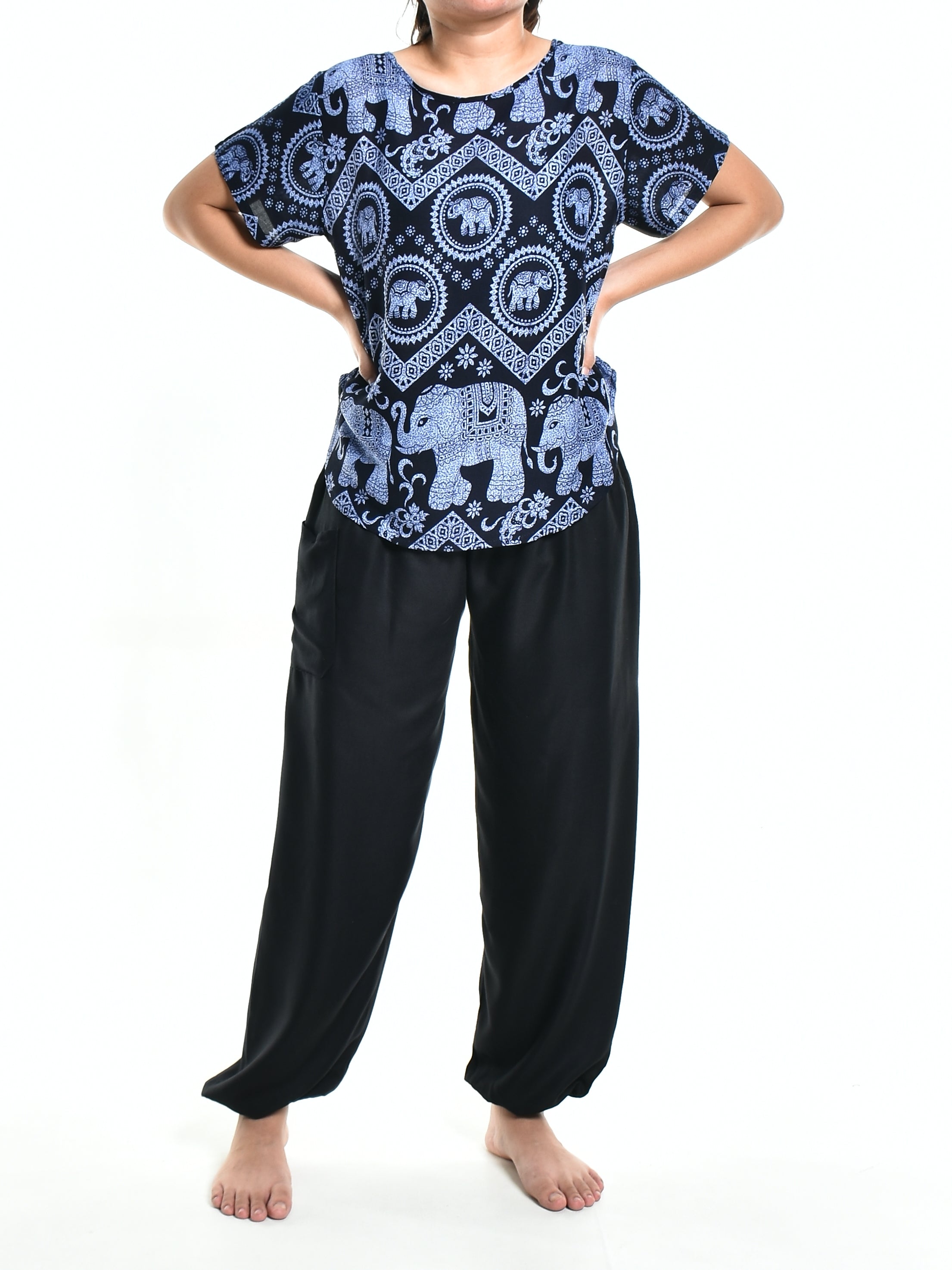 Bohotusk Blue Elephant Tusker Short Sleeved Top showcasing vibrant blue color and unique elephant design, made from soft Royal Thai Rayon.