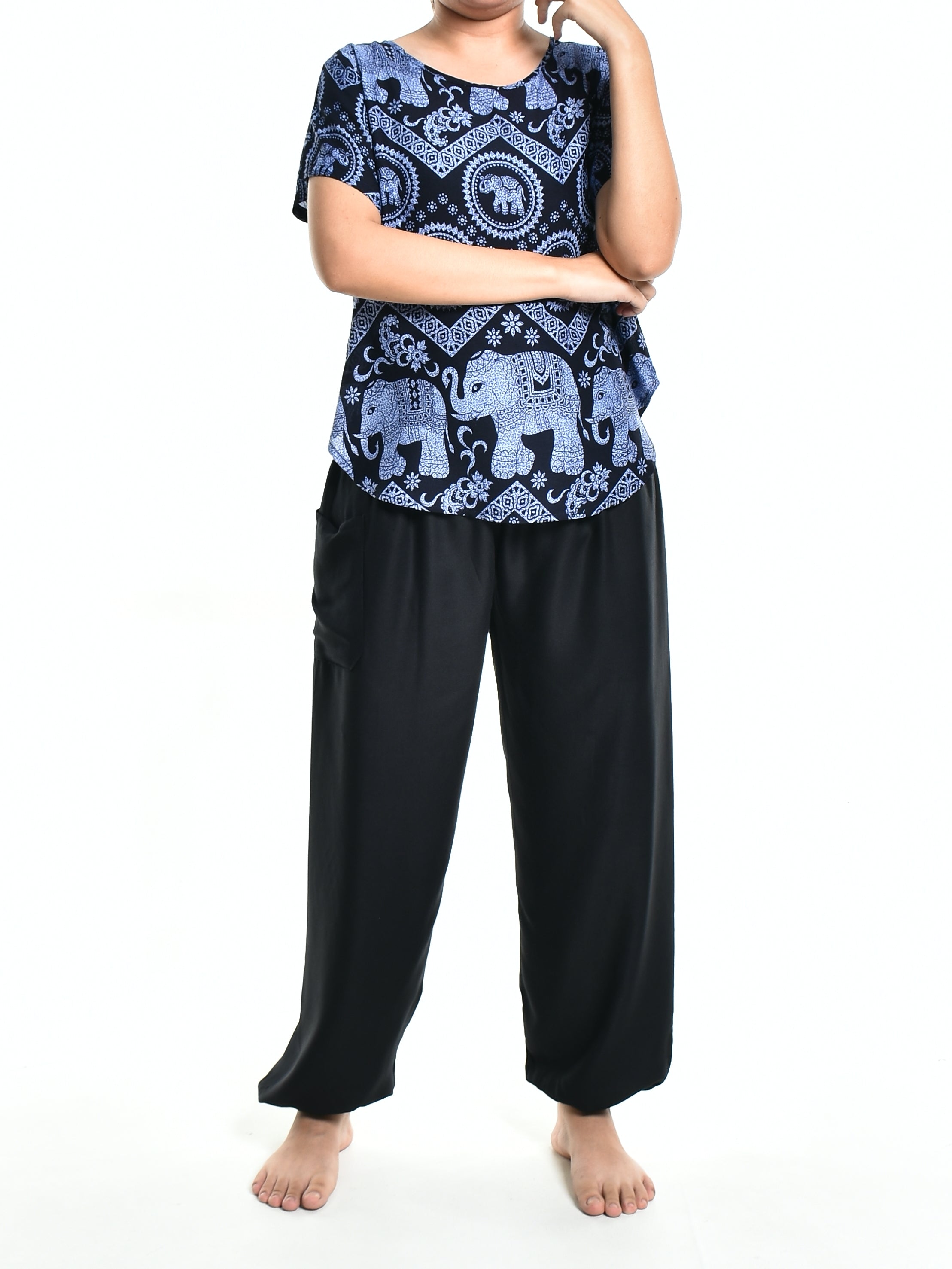 Bohotusk Blue Elephant Tusker Short Sleeved Top showcasing vibrant blue color and unique elephant design, made from soft Royal Thai Rayon.