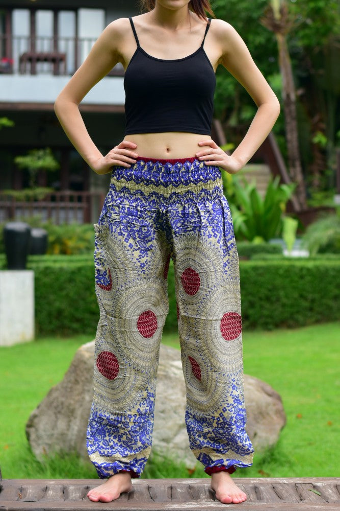 Bohotusk Blue Garden Swirl Print Women's Trousers with elasticated smocked waist, showcasing vibrant colors and a stylish design.