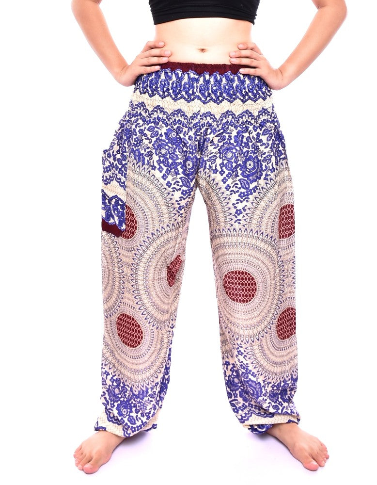 Bohotusk Blue Garden Swirl Print Women's Trousers with elasticated smocked waist, showcasing vibrant colors and a stylish design.