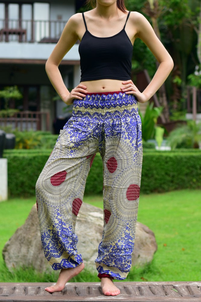 Bohotusk Blue Garden Swirl Print Women's Trousers with elasticated smocked waist, showcasing vibrant colors and a stylish design.