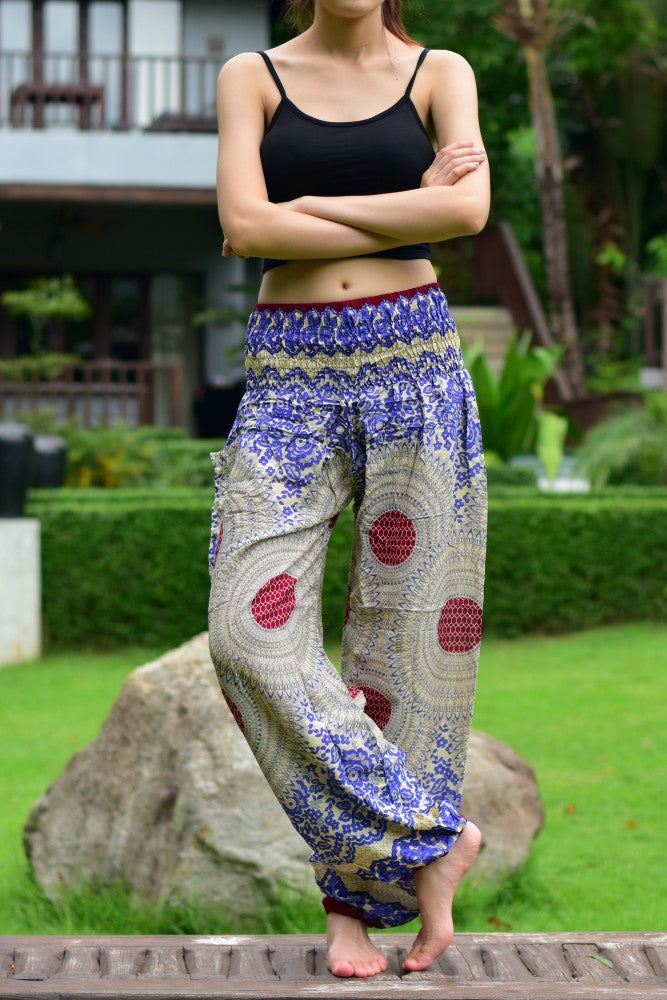 Bohotusk Blue Garden Swirl Print Women's Trousers with elasticated smocked waist, showcasing vibrant colors and a stylish design.