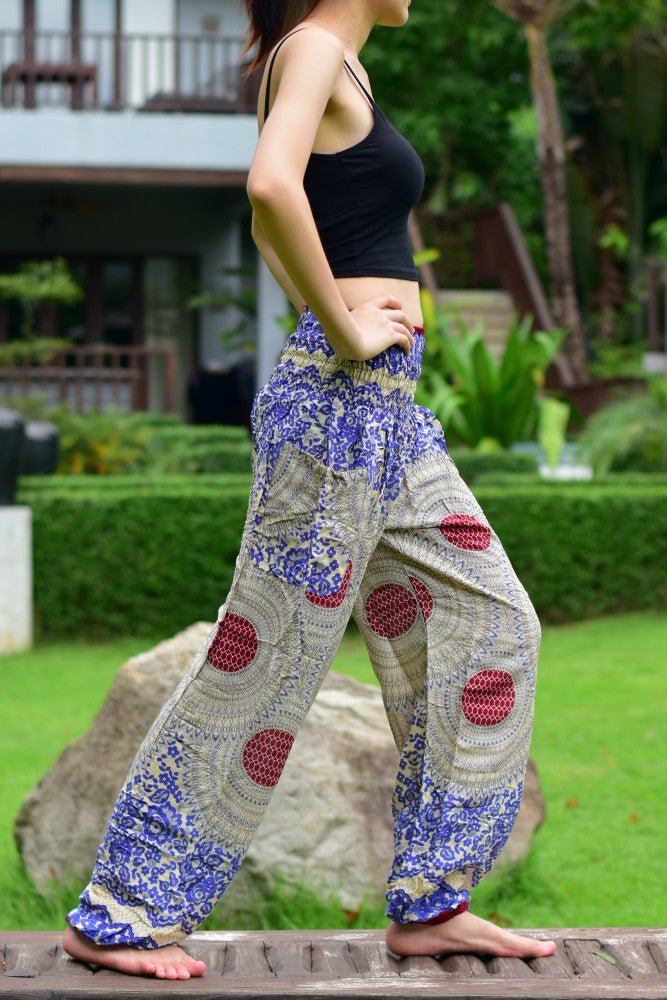 Bohotusk Blue Garden Swirl Print Women's Trousers with elasticated smocked waist, showcasing vibrant colors and a stylish design.