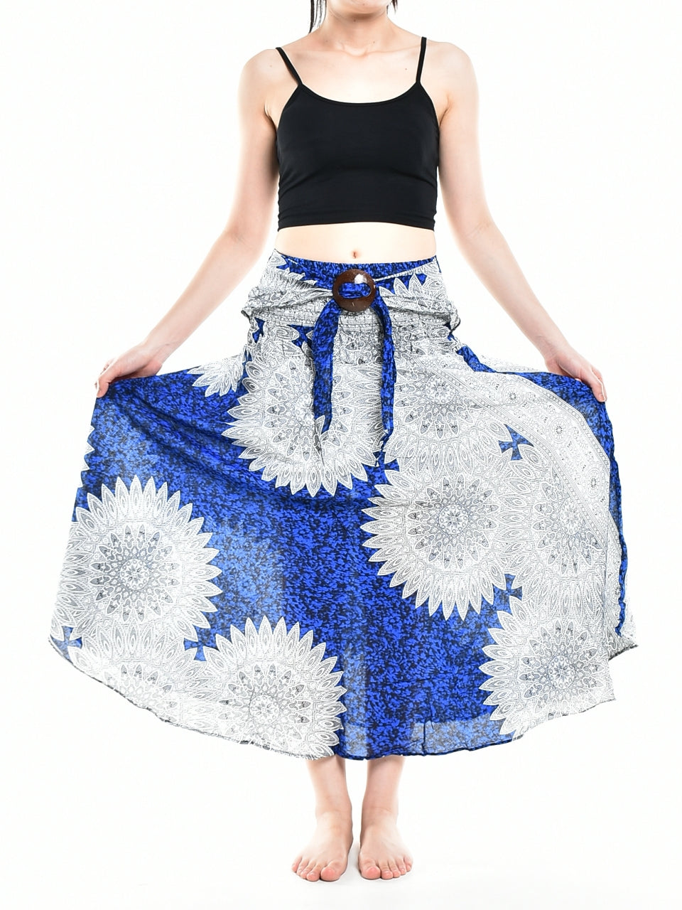 Bohotusk Blue Snowflake Long Skirt featuring a coconut buckle and smocked waist, styled elegantly for a versatile look.