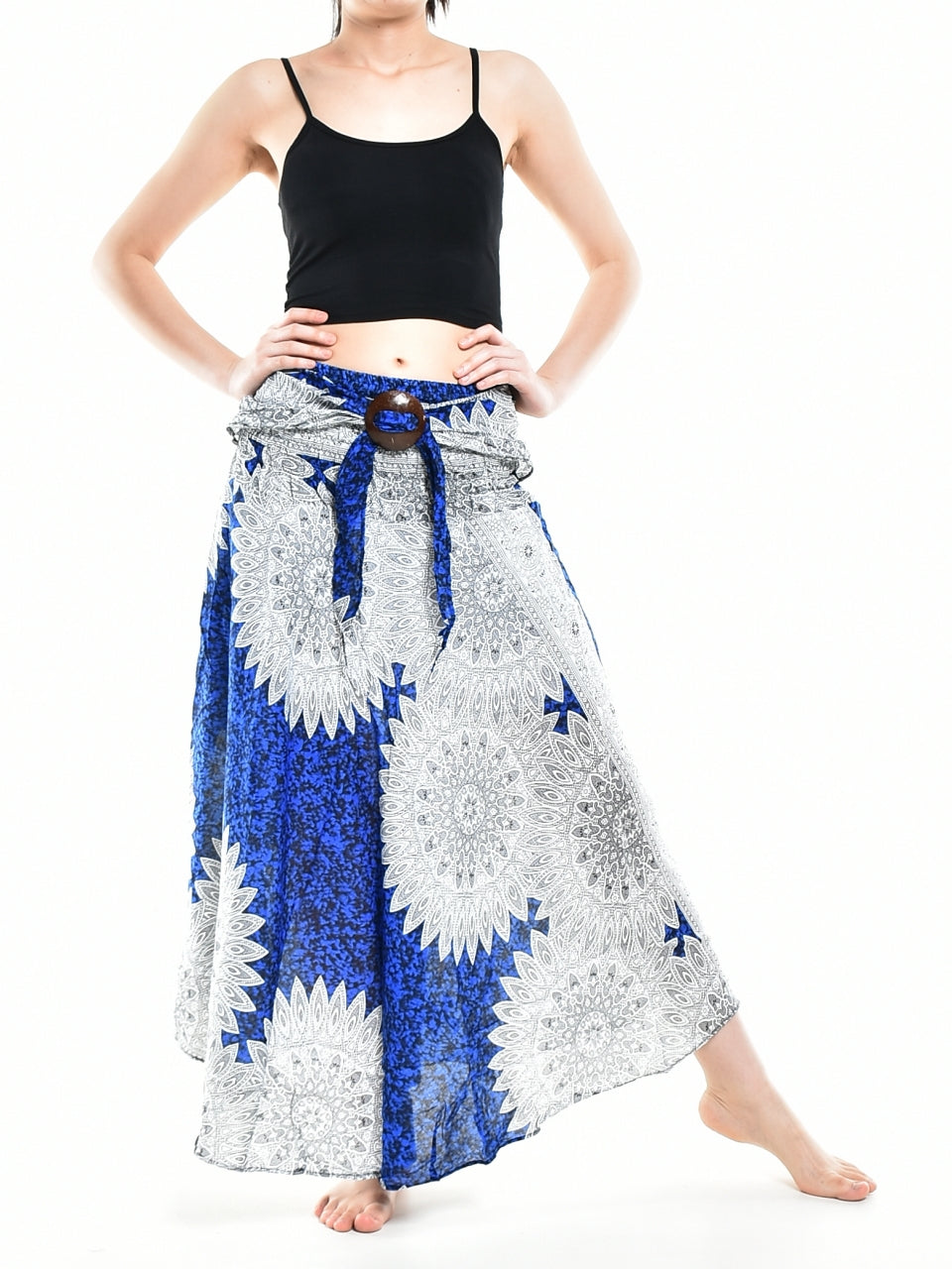 Bohotusk Blue Snowflake Long Skirt featuring a coconut buckle and smocked waist, styled elegantly for a versatile look.