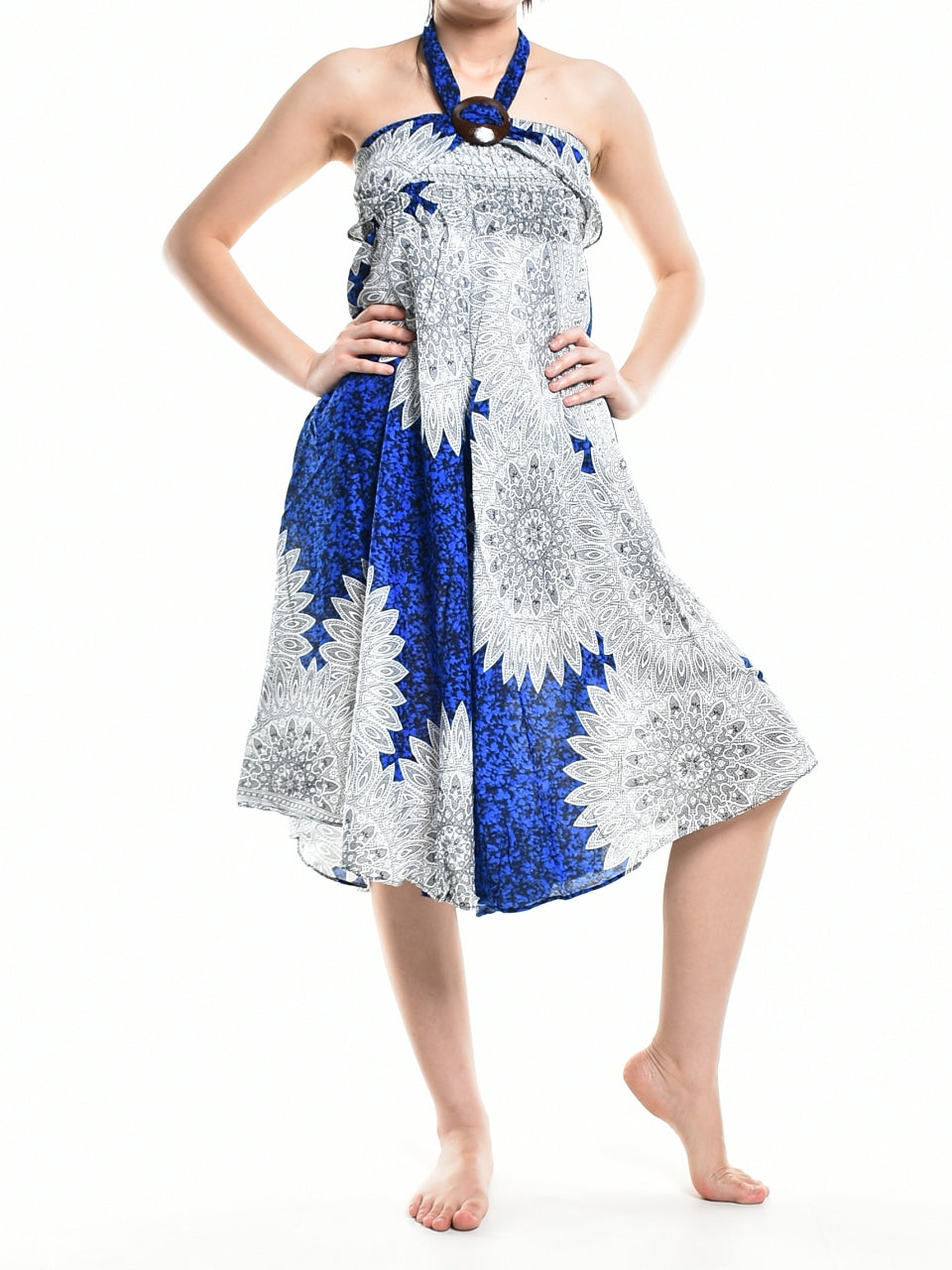 Bohotusk Blue Snowflake Long Skirt featuring a coconut buckle and smocked waist, styled elegantly for a versatile look.