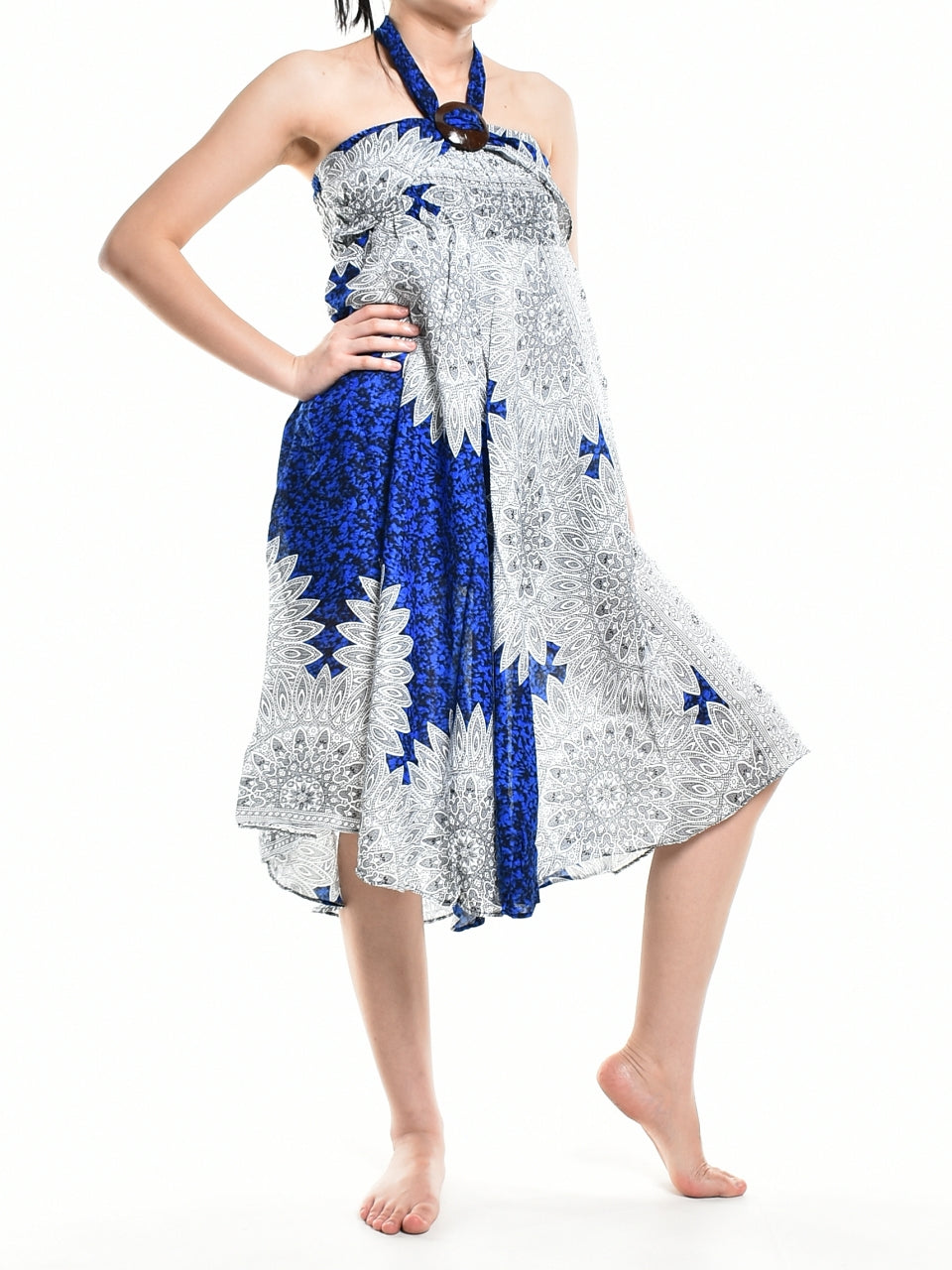 Bohotusk Blue Snowflake Long Skirt featuring a coconut buckle and smocked waist, styled elegantly for a versatile look.