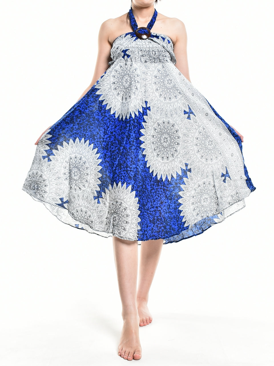 Bohotusk Blue Snowflake Long Skirt featuring a coconut buckle and smocked waist, styled elegantly for a versatile look.