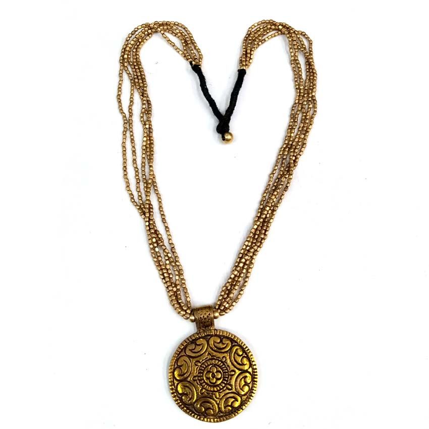 Bohotusk Brass Multi Chain Shield Pendant featuring a 6.5cm diameter brass shield on a 54cm multi-part chain.