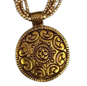 Bohotusk Brass Multi Chain Shield Pendant featuring a 6.5cm diameter brass shield on a 54cm multi-part chain.