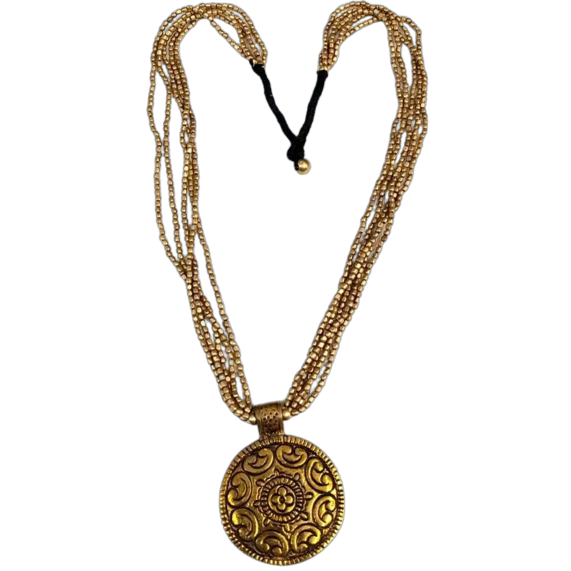 Bohotusk Brass Multi Chain Shield Pendant featuring a 6.5cm diameter brass shield on a 54cm multi-part chain.