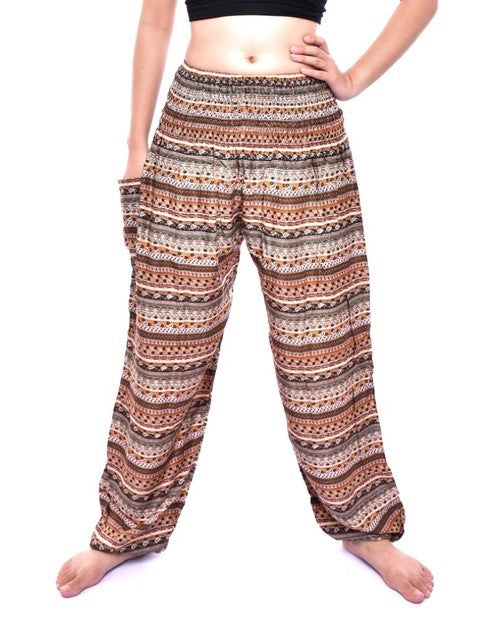 Bohotusk Brown Chill Stripe Print Women's trousers featuring an elasticated smocked waist and ankle design, made from soft rayon fabric.