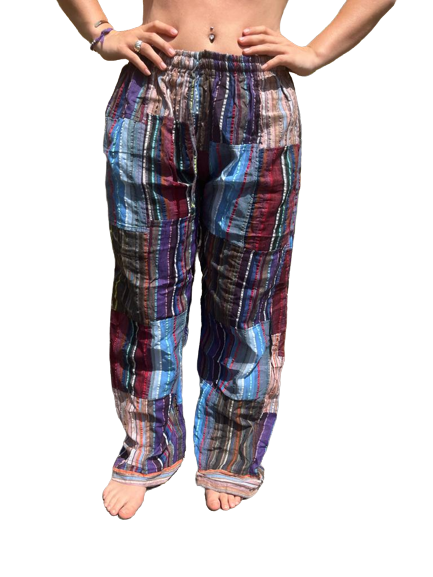 Bohotusk Cotton Multi Coloured Striped Harem Pants featuring an open leg ankle finish and elasticated waist, handmade in India.