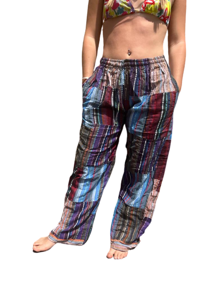 Bohotusk Cotton Multi Coloured Striped Harem Pants featuring an open leg ankle finish and elasticated waist, handmade in India.