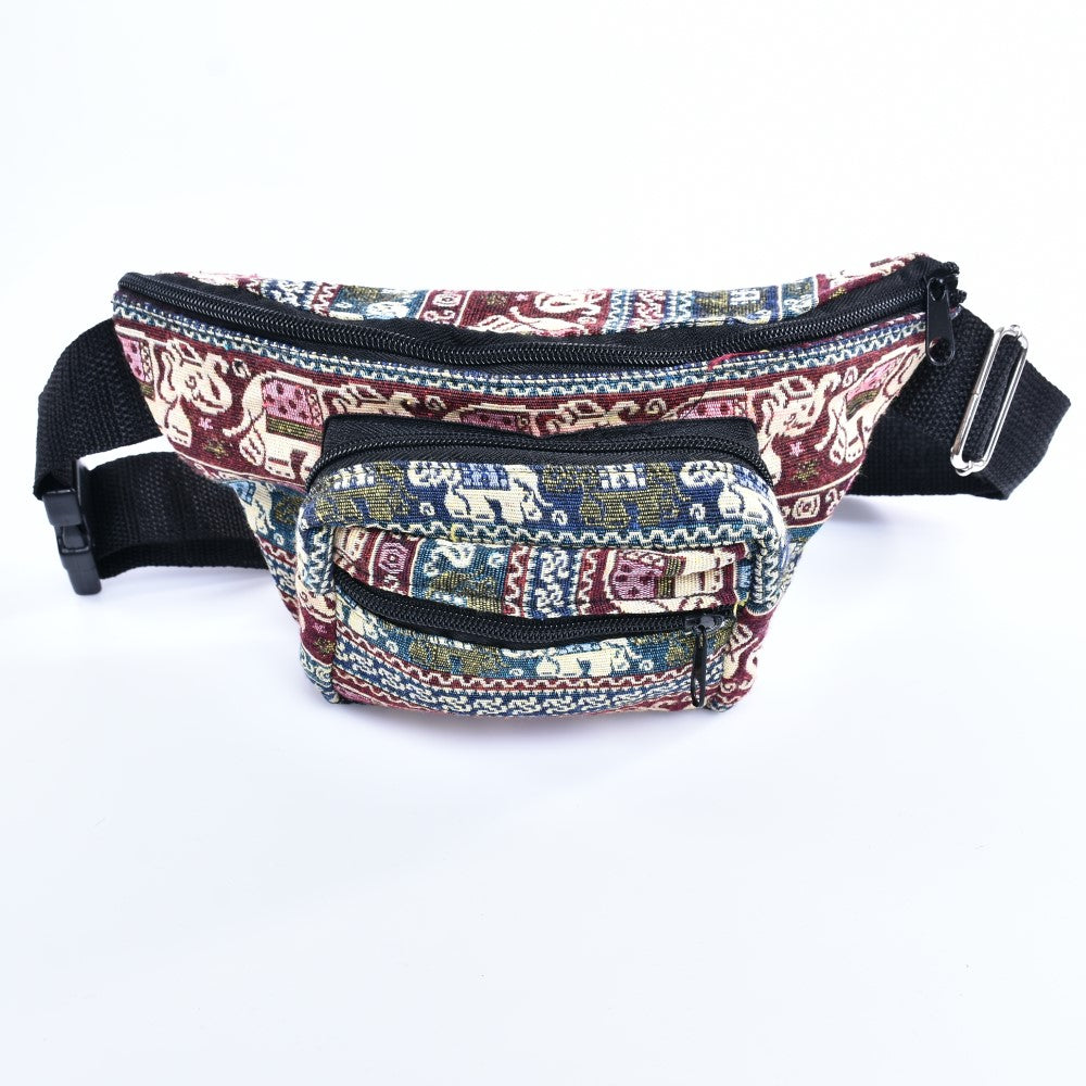 Bohotusk Elephant Print Cotton Bum Bag in vibrant colors, featuring multiple zip pockets and an adjustable nylon waistband.