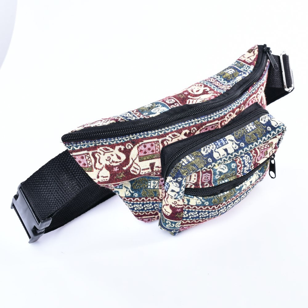 Bohotusk Elephant Print Cotton Bum Bag in vibrant colors, featuring multiple zip pockets and an adjustable nylon waistband.