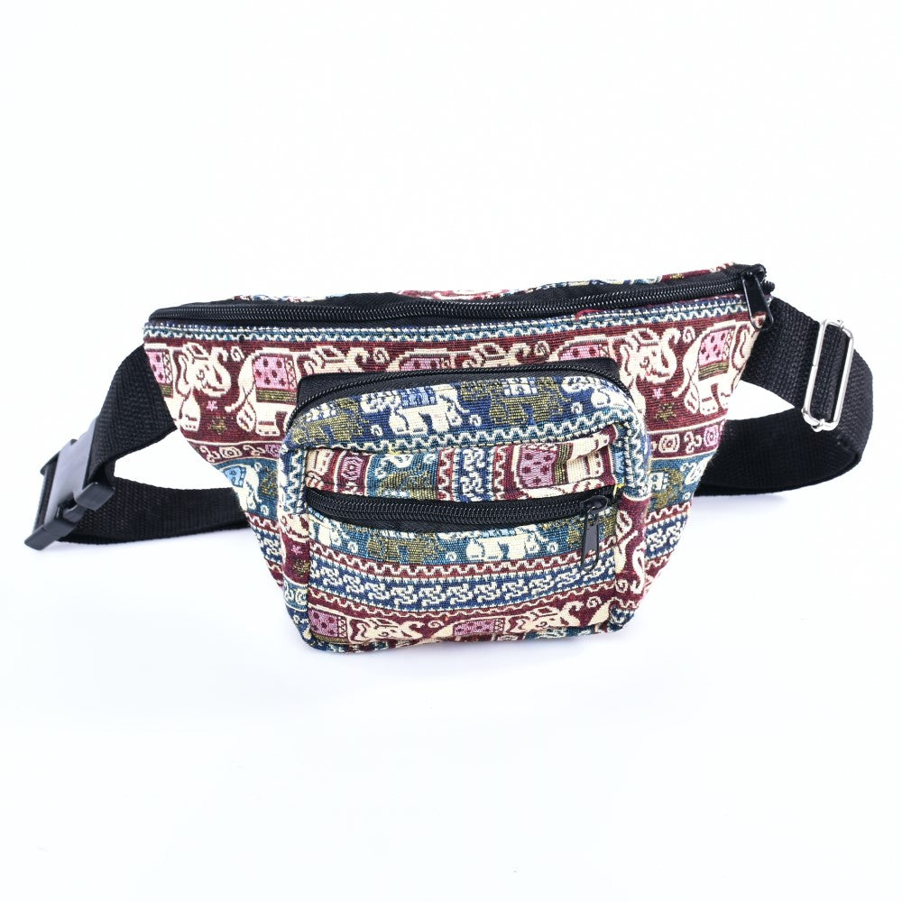 Bohotusk Elephant Print Cotton Bum Bag in vibrant colors, featuring multiple zip pockets and an adjustable nylon waistband.