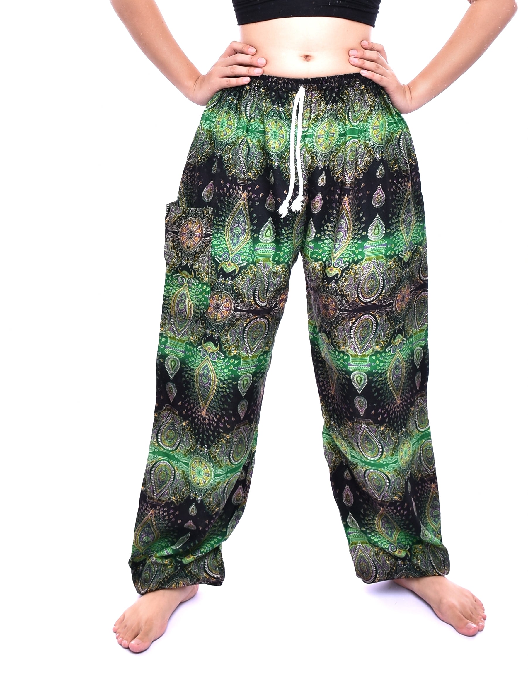 Bohotusk Green Teardrop Print Women's Harem Pants featuring a tie waist and elasticated ankles, made from soft rayon fabric.